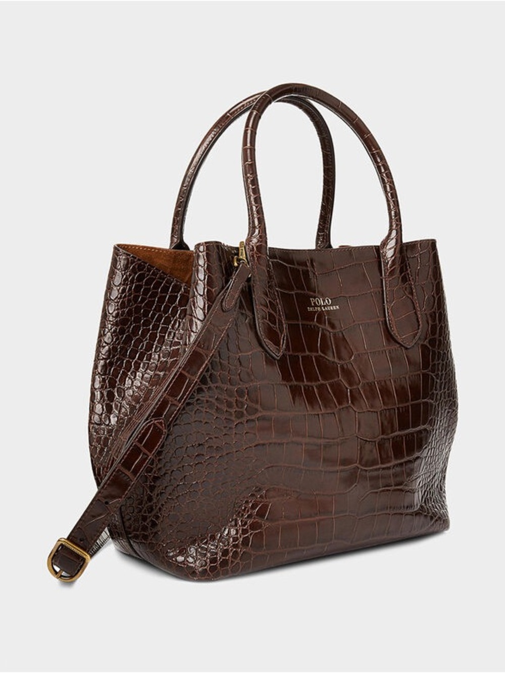Polo by Ralph Lauren Dark Brown Croc-Embossed Leather Tote with Strap
